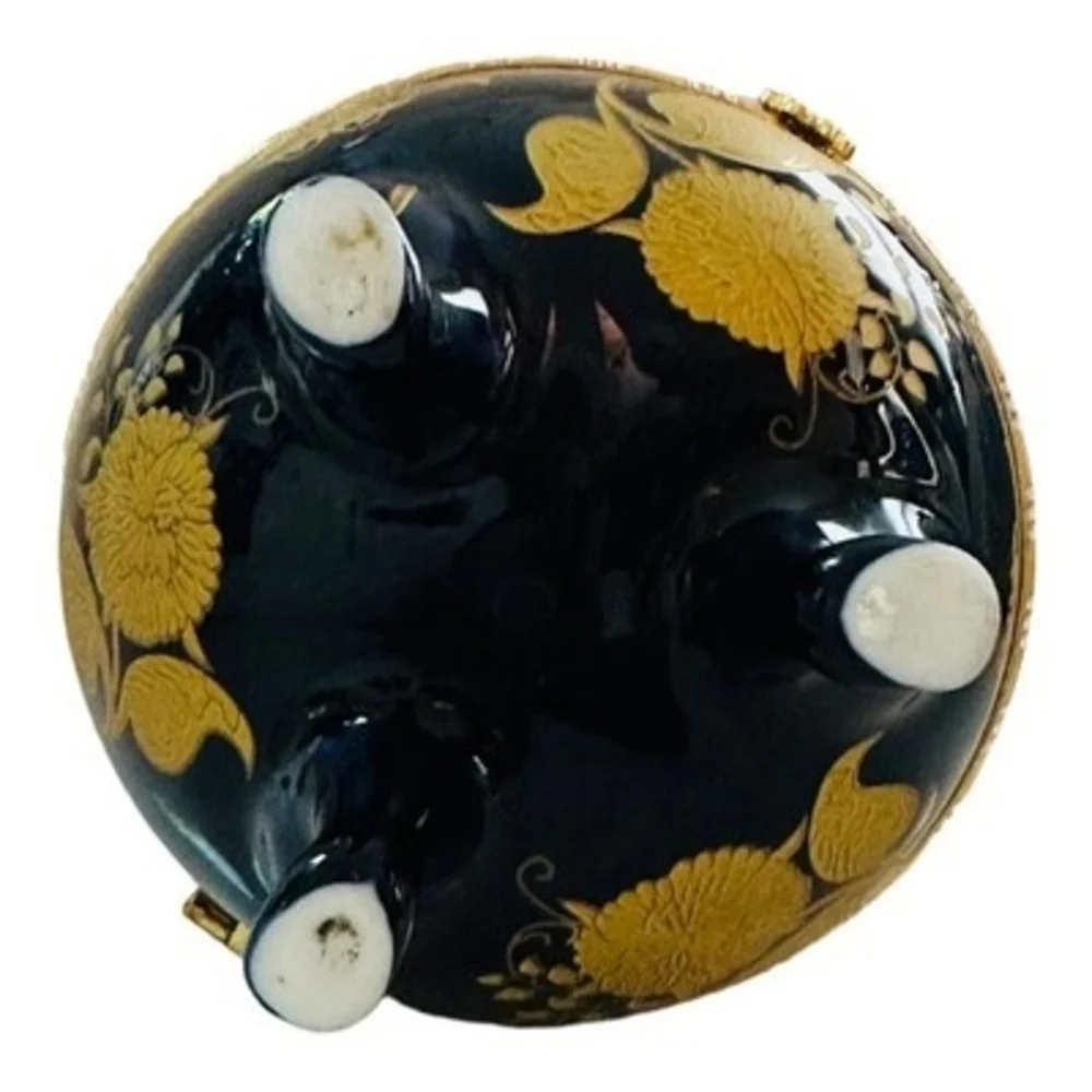 Vintage Cobalt Blue Gold Floral Porcelain Hinged Egg Trinket Box Jewelry Storage